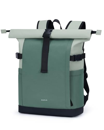 ECOHUB Rolltop Rucksack 20–27L, 15.6 Zoll Laptop Rucksack mit Schnellzugriff auf das Hauptfach ohne Öffnen des Rolltops, Urbaner Tagesrucksack für Alltag, Arbeit, Uni und Reisen(Forest Sage)