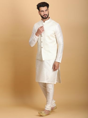 Image of Ethluxis Men Silk Blend Kurta Jacket Set with Mandarin Collar