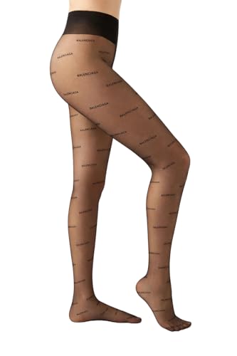SLYSZMC Womens Sheer Pantyhose with Letter Print High Waist Control Top Tights Back Seam Transparent Stockings with Cuban Heel (US Alpha A Regular Petite Black-40-56KG)