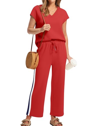 Image of Saloogoe Two Piece Sets for Women Summer Outfits Lounge Sets V Neck Tops Wide Leg Pants Woman Vacation Travel Outfits