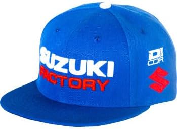 D'cor Visuals Snapback Hat – Compatible with Suzuki Riders – Factory Blue Flat Brim Cap – One Size Fit for Motocross and Off-Road Enthusiasts
