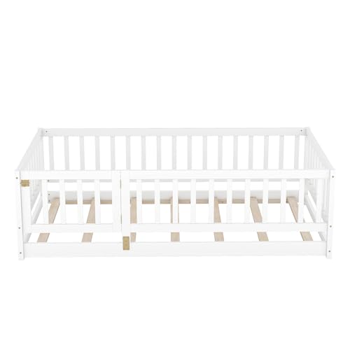 Image of Bellemave Twin Size Kids Montessori Floor Bed with Door,Solid Wood Floor Bed Frame with Slats and High Fence for Kids,Girls,Boys,White