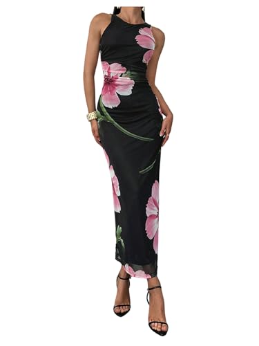 Milumia Women's Floral Mesh Maxi Dress Sleeveless Crew Neck Ruched Bodycon Long Dresses