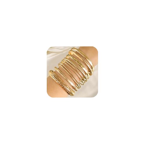 Uwiyo 10-12 Stück Gold Armreif für Damen, Stapelbare Gold Armband Böhmen Manschette Armreifs Indischer Armreif Armbänder Schmuck für Frauen Mädchen (Golde Set 3-10...