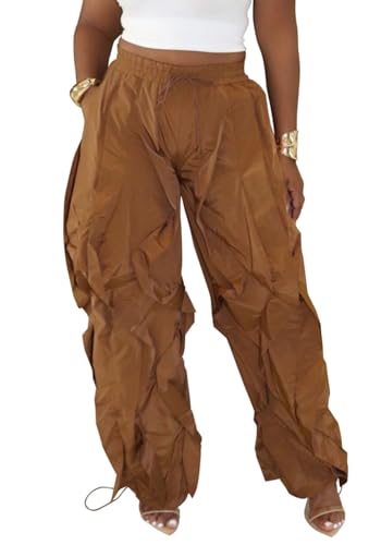 Image of Lucuna Women Balloon Pants Ruffle Fringe Drawstring High Waist Wide Leg Baggy Joggers Parachute Pants