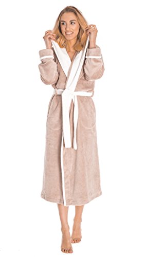 LEVERIE klassischer und kuschelweicher Damen-Bademantel/Morgenmantel/Saunamantel mit Kapuze, beige/weiß, Gr. XL