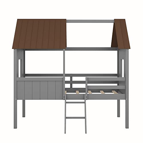 Kids House Beds, Low Loft Bed Frames Twin Size, Wood Play House Bed For Girls/Boys/Toddlers, Antique Gray With Gray #TOP5