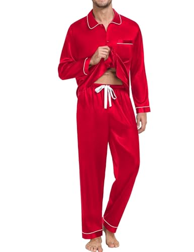 SWOMOG Couple Silk Satin Pajamas Set 2Pcs Matching Famliy Sleepwear Button Down Loungewear Men & Women Pjs with Pants Red4