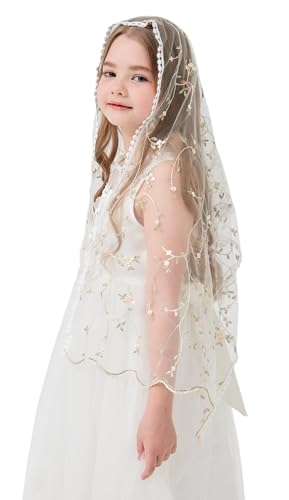 Rectangular Veil for Girls Rose Embroidered Veil Floral Veil for First Communion Girls Flower Veil K1 - Main Image