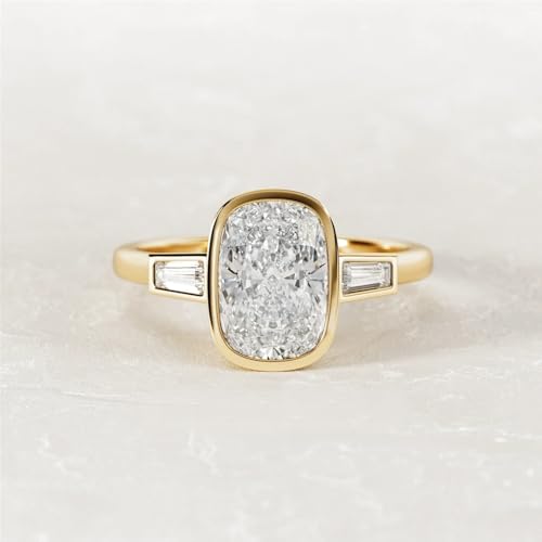 2 Ct Elongated Cushion & Tapered Baguette Cut Diamond Bezel Set Three Stone Solitaire Anniversary Ring For Women 14k Gold Plated Unique Art Deco Ring 925 Sterling Silver Handmade Gift Ring2