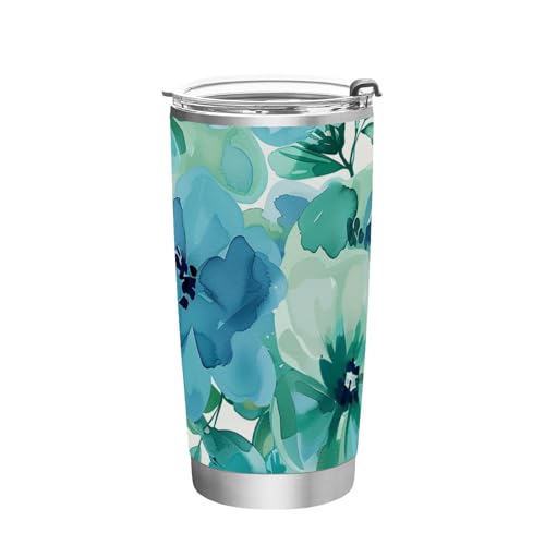 siphylline Taza de café aislada de acero inoxidable con diseño de flores verde menta y azul, a prueba de derrames, a prueba de fugas, para bebidas frías y calientes, vaso estético de 20 onzas