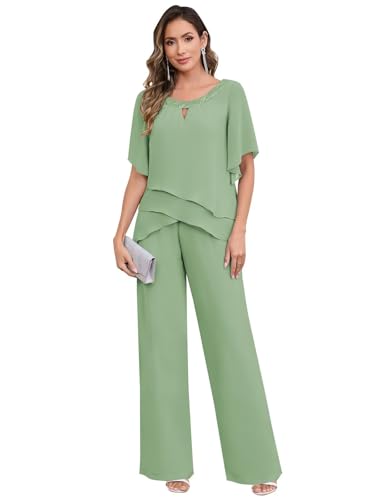 2 Piece Mother of The Bride Pant Suits for Women Half Sleeve Sparkly Chiffon Layered Formal Evening Outfits 2025