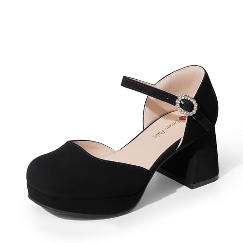 DREAM PAIRS Girls Dress Shoes Platform Square Toe High Heels Ankle Strap Party Wedding Flower Pump for Little Big Kid 13 Little Kid Black