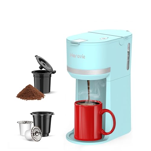Mini Single Serve Coffee Maker for K Cup and Ground Coffee, Fast Brew One Cup Coffee Machine with Descaling Reminder and Water Window, 6 to 12 oz. Brew Sizes, Light Blue
