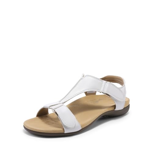 DREAM PAIRS Womens Sandals Arch Support T-Strap Orthopedic Flat Sandals Comfortable Summer Shoes 10 White