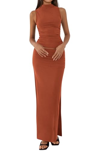BTFBM Summer Two Piece Skirt Set for Women 2025 Dressy Lightweight Sleeveless Knit Top Going Out Split Maxi Skirt Set