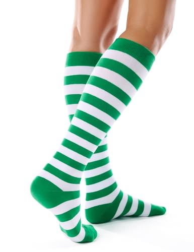 FITRELL Womens Knee High Socks Athletic Stripe Cotton Tube Outdoor Sport Socks 1 Pack Green White Stripes