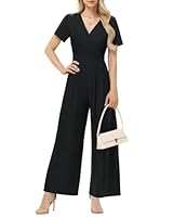 Tanmolo Damen Jumpsuit Elegant Sommer Kurzarm V-Ausschnitt Overall Weites Bein Romper Mit Taschen Schwarz, M