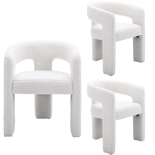 Image of HNY Modern Barrel Kitchen & Dining Room Chairs Set of 3, Sherpa Upholstered Accent Chairs with Arm, 18.5'' Wide Side Armchairs Vanity Chairs for Living Room Bedroom Makeup Small Spaces, White
