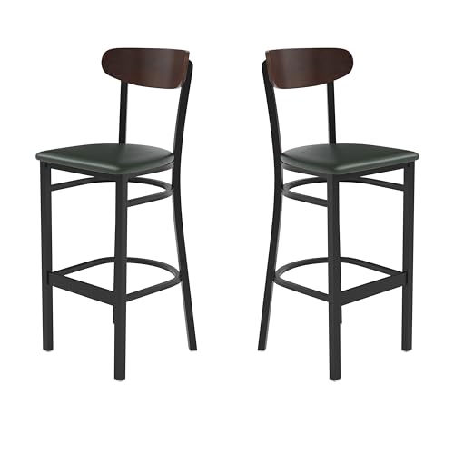 Image of Flash Furniture Wright Set of 2 Commercial Barstools - Walnut Wood Boomerang Back - Green Vinyl Seat - 500 LB. Capacity Black Steel Frame - Integrated Footrest