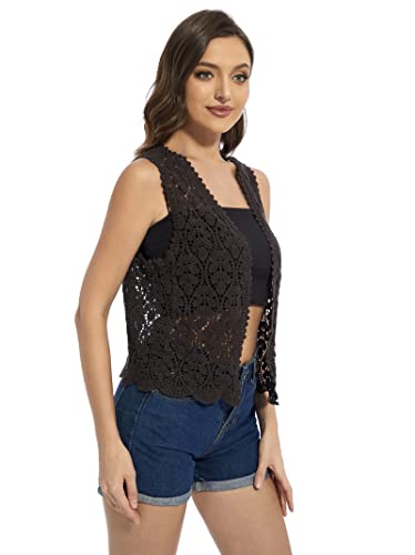 Image of Womens Floral Crochet Lace Trim Sleeveless Open Front Vest Cardigan