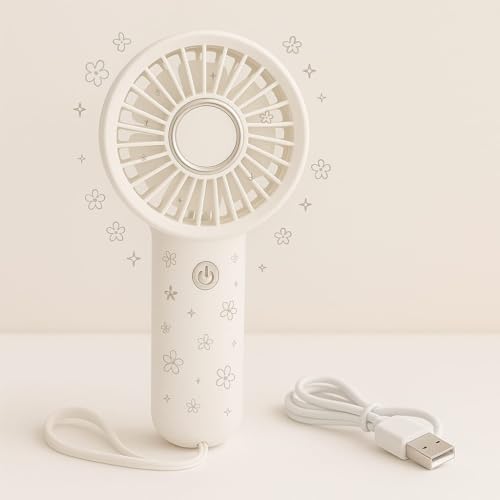 Image of Portable Handheld USB Rechargeable Fan, White with Rose Gold Accents, Mini Personal Cooling Fan with Wrist Strap