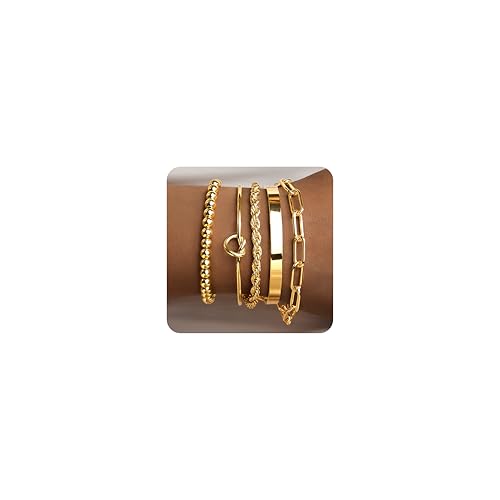 Gold Bracelets for Women Non Tarnish, 14K Gold Plated Chunky Cuff Bracelet Gold Bangles Bracelet for Women Trendy Tie Knot Cuban Rope Paperclip Beaded Bracelet Stack Jewelry Gifts