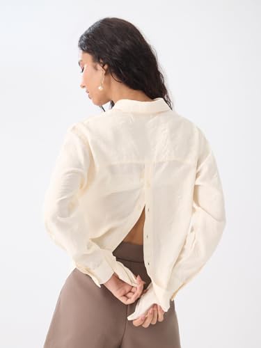 Image of The Souled Store Textured Shirt: Women and Girls Full Sleeves Spread Collar Solid Textured Viscose Nylon Relaxed Fit Lightweight Summer-Ready Casual Wear Shirts
