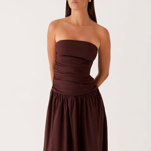 Image of Women Tube Top Maxi Dress Summer Strapless Backless Bodycon Long Bandeau Dress Elegant Off Shoulder A Line Dresses