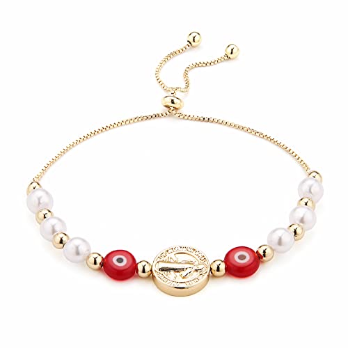 HZMAN Evil Eye Bracelet for Women 14K Gold Plated Saint Benedict Medal Retro Blue Eye Bead Luck Protection Stretch Bracelet Jewelry Gift