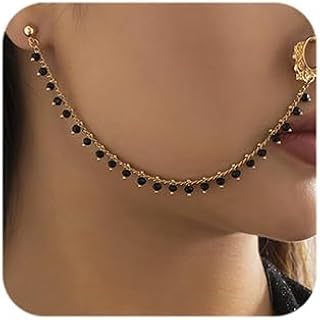 Non Piercing Beaded Tassel Nose Ring with Chain to Ear Stud Indian Belly Dance Party Nose Accessories for Women