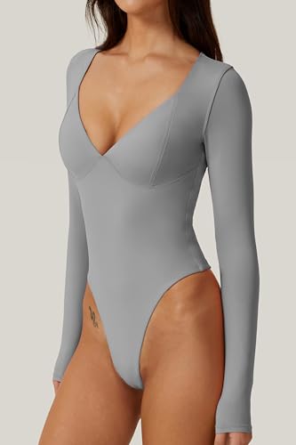 Image of QINSEN Women's Long Sleeve Bodysuit V Neck Body Suits Seamed Cup Going Out Tops Shirt