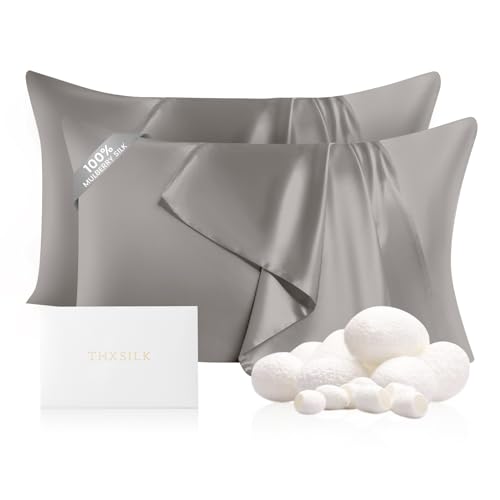 Image of THXSILK Set of 2 Silk Pillowcases for Hair and Skin, 22 Momme, 100% Mulberry Silk Bed Pillowcases with Hidden Zipper, Soft Breathable Smooth, King Pillow Case (Grey)