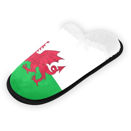 Ajusmeau Magic Dragon Wales Flag Cozy Slippers for Women Men Indoor Washable Fuzzy House Shoes with Anti-Skid Sole