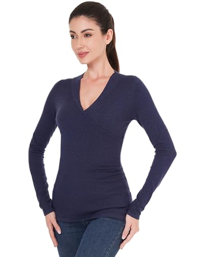 Image of AmelieBoutik Women V Neck Faux Wrap Lightweight Long Sleeve Tunic Sweater Blouse Tops