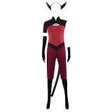 Skycosue Womens Catra Cosplay Costume Halloween Party Set Red and Black Colorblocked Jumpsuit (Small)