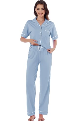 Image of LUBOT 100% Cotton Pajamas for Women Pajama Set Soft 2 Piece Sleepwear PJ Set Long Sleeve Button Knit Cozy Loungewear XS-XXL