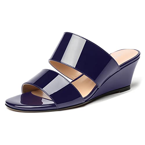 WAYDERNS Women's Two Piece Patent Open Toe Slip On Wedge Low Heel Wedges Sandals 2 Inch