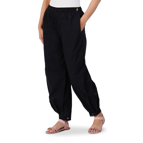 Image of Happy Bunny Women's Cotton Afghani Salwar with Lace Embroidery Detailing - Elastic Waist, Comfortable Loose Fit Bottoms for Casual, Ethnic