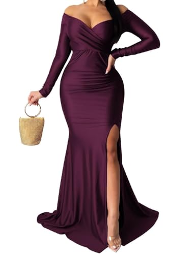 Image of Womens Off Shoulder Sexy V Neck High Split Long Maxi Dress, Formal Cocktail Party Evening Gown Mermaid Dress