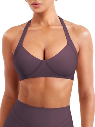 Image of YEOREO Women Halter Sports Bra Light Support V Neck Padded Strappy Open Back Workout Gym Tops