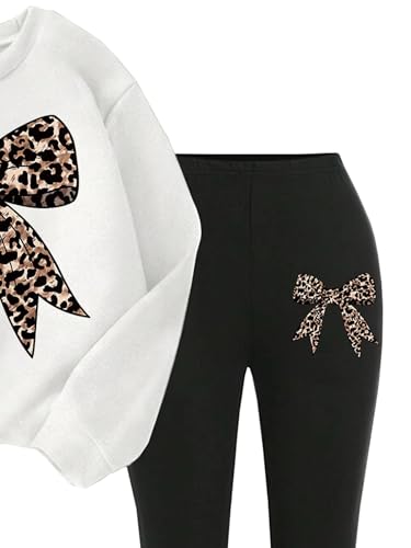 Image of Girls 2 Piece Outfits Long Sleeve Crew Neck Bow Sweatshirt Top and Flare Pants Set
