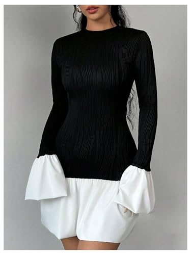 GORGLITTER Women's Color Block Ruffle Bubble Dress Trendy Puff Long Sleeve Crewneck Mini Dresses4