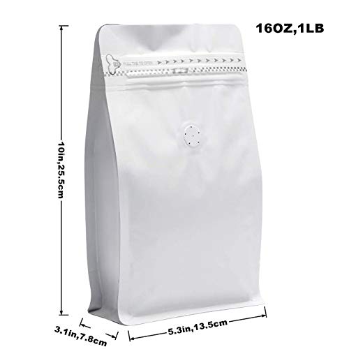 Image of 16 Ounce White Kraft Paper Coffee Bags, Stand Up Coffee Pouches with One Way Degassing Valve and Reusable Side Zipper (Pull Tab to Open) Flat Bottom - Stand Up Well (50pieces / 16oz,1lb, 454gram))