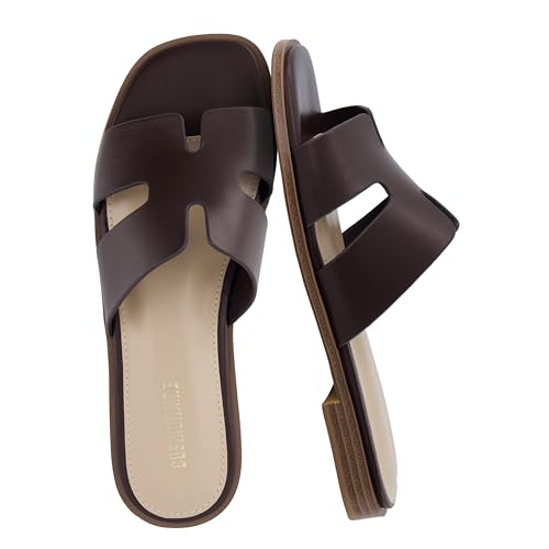 Image of CUSHIONAIRE Voyage Cutout Strap Slides for Women, Slip On Summer Flats, Trendy Footwear, Memory Foam Vegan Leather Comfortable Vacation Style Sandals