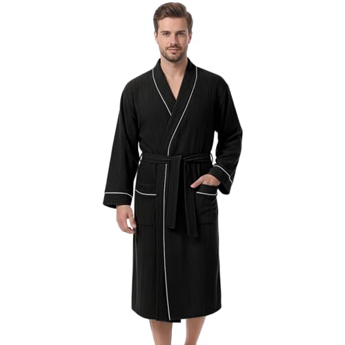 IGOLUMON Mens Robe, Calf-length Bathrobe with Pockets, Lightweight Robe for Men V-Neck Kimono Sleepwear