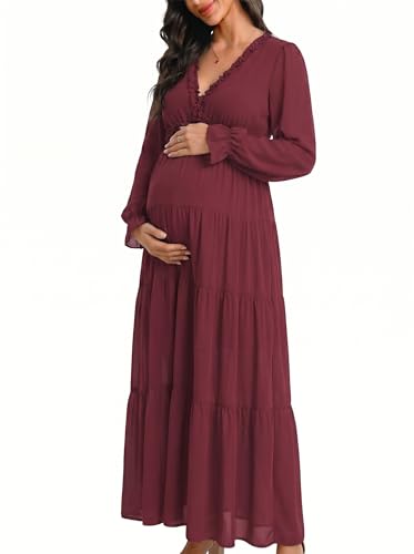 Image of BLENCOT Womens Casual Boho Floral Printed V Neck Long Sleeve Long Maxi Dress Spring Summer Dresses