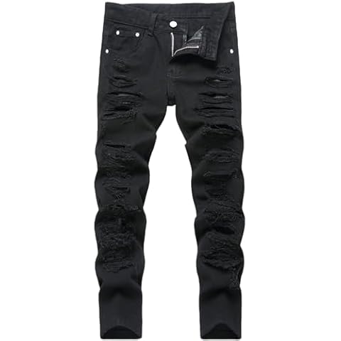 Lanscadran Boy's Black Skinny Fit Ripped Distressed Fashion Multi-rippes Personalized Jeans Pants,264,14 Cover