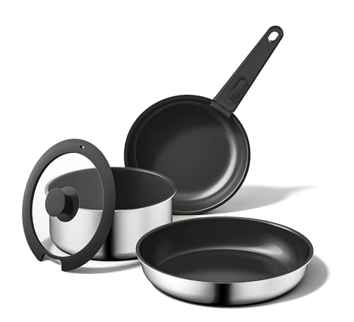 Image of 5PCS Pots and Pans Set Non Stick, Diamond-Titanium Ceramic Cookware Set & 3 Layer Stainless Steel with Detachable Handle, Induction Cookware, Non Toxic Oven /Dishwasher Safe, Black