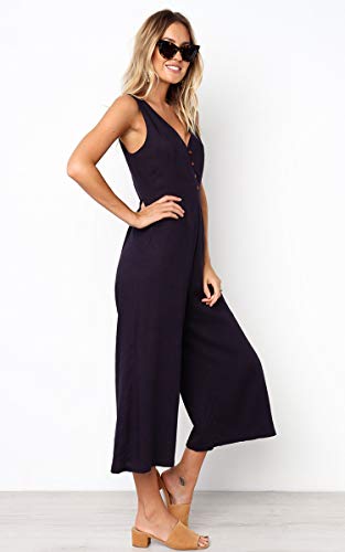 Ecowish Womens Jumpsuits Casual Button Deep V Neck Sleeveless High Waist Wide Leg Jumpsuit Rompers With Pockets 103 Black Medium #TOP2
